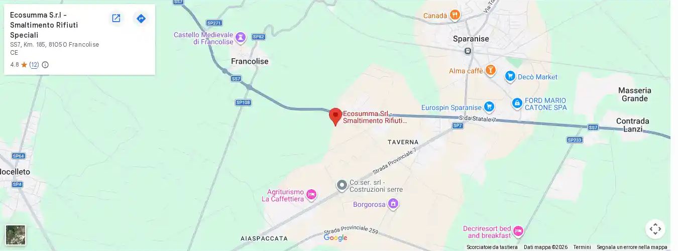 Mappa: sede Ecosumma S.r.l., S.S. Appia km 185+508, zona PIP lotto 11, Francolise (CE). Apre Google Maps