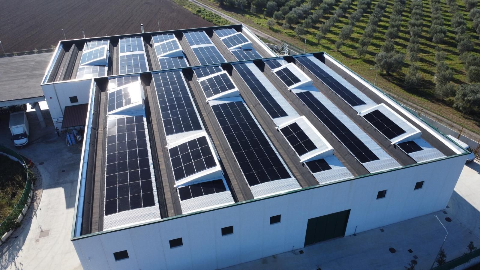 Pannelli fotovoltaici sui tetti dei capannoni Ecosumma, con gli uliveti sullo sfondo